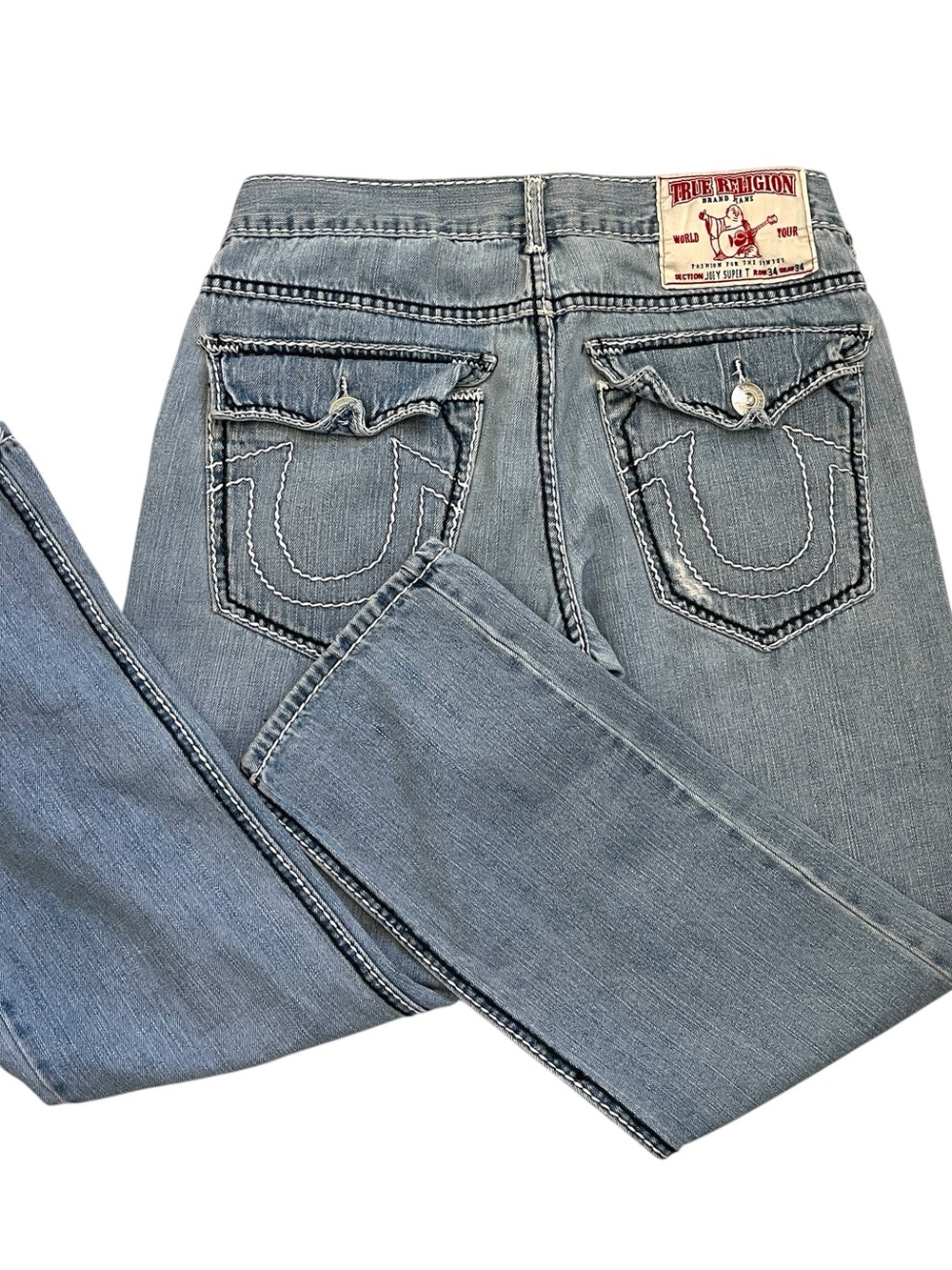 True Religion Joey Super T Jeans 34x30 Light Wash Bootcut USA Contrast Stitch